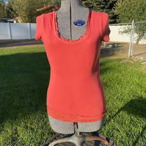 Vanity Vintage Y2K Lace Hem Bottom Elastic Long Ribbed Lace Neck Shirt Size M